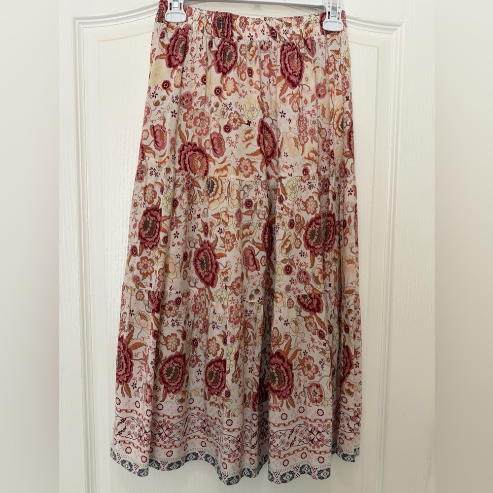 Merokeety Cream Pink Flowing Boho Cottage Tiered Floral Prairie Skirt, Size S - Picture 8 of 11